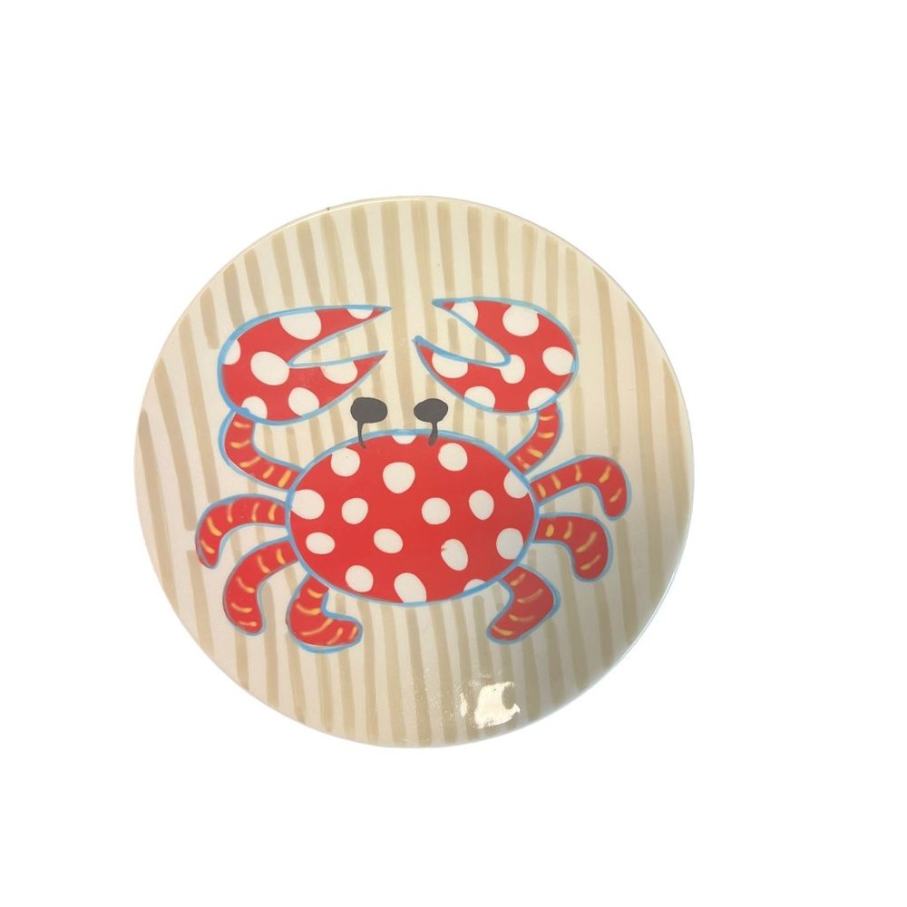 Coton Colors 8" Salad Plate Red Polka Dot Crab Khaki White Striped Retired